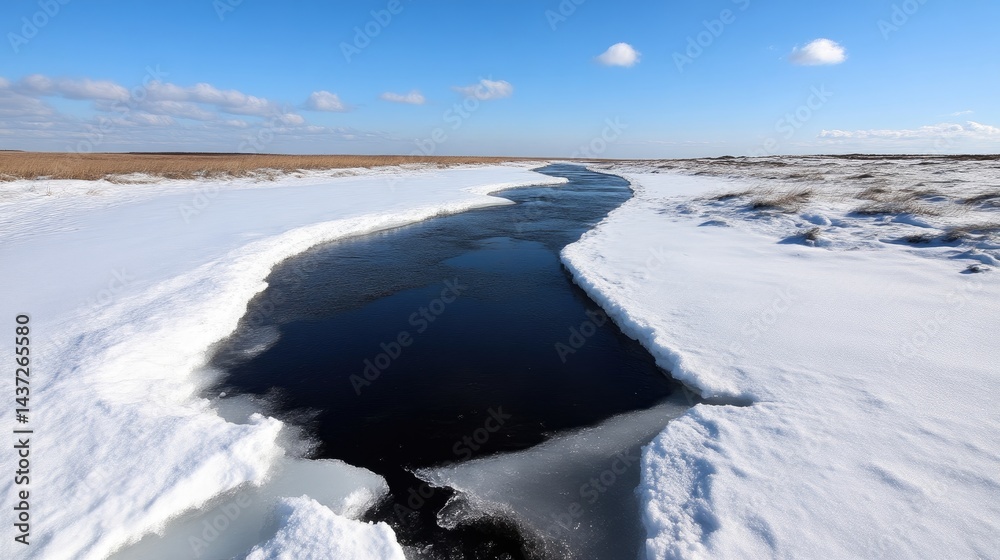 Obraz premium Frozen river meanders through a snowy landscape under a clear blue sky. Patches of ice and snow