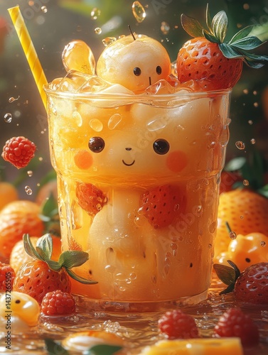 Obraz na płótnie Cute Fruit Drink with Mini Animals for a Refreshing Summer Treat w salonie