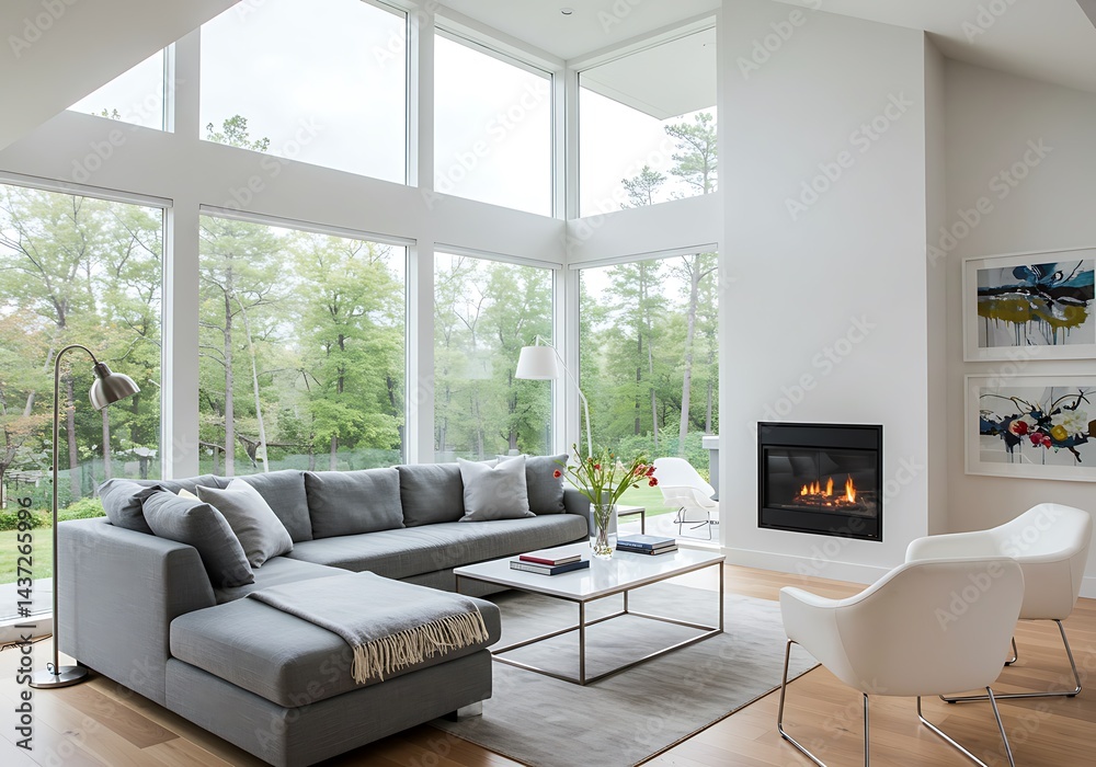 Fototapeta premium Interior of a modern living room with large windows and gray sectional sofa and fireplace feature wall decor