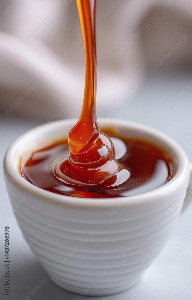 Close-Up of Caramel Sauce Drizzling into a Small White Bowl Close-Up of Caramel Sauce Drizzling into a Small White Bowl