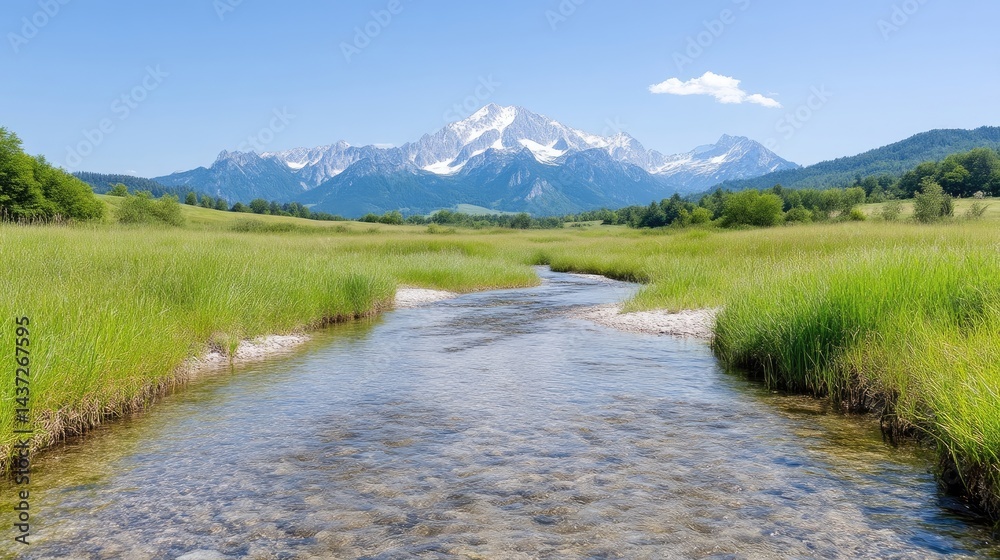 Fototapeta premium Crystal-clear stream winding through lush meadow, majestic mountains in the background
