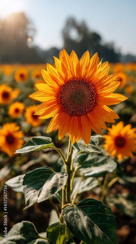Obraz premium Vibrant sunflower in a field of sunflowers at sunrise. Possible use Nature background, greeting card, or phone wallpaper