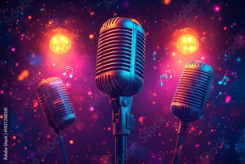 Retro microphones on stage, vibrant lights, music notes. Concert poster