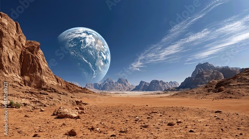 Fototapeta Naklejka Na Ścianę i Meble -  The rugged Martian landscape stretches out, with distant Earth shining like a lonely star.

