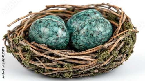 Speckled Teal Bird Eggs in a Rustic Nest