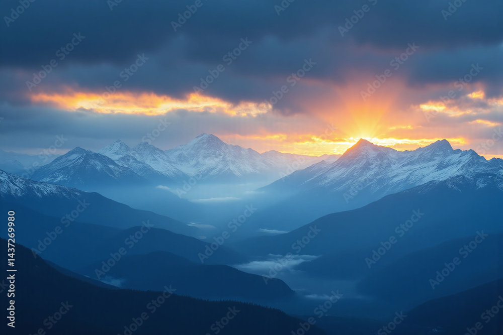 Obraz premium view of the sun setting over the mountains from the top of a mountain