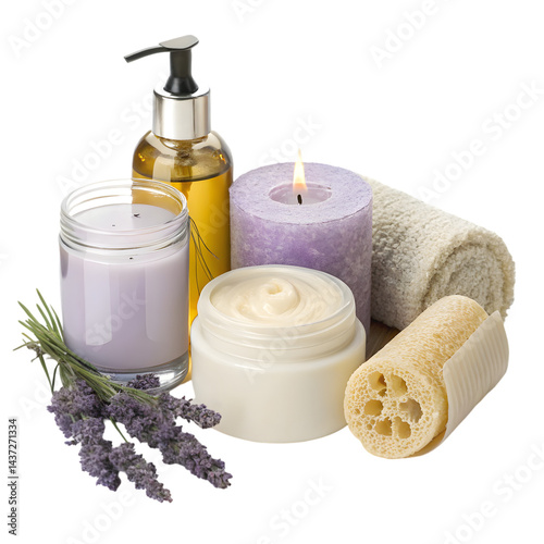 Relaxing Spa Day: Lavender Scented Candles, Body Lotion, and Bath Products on transparent background