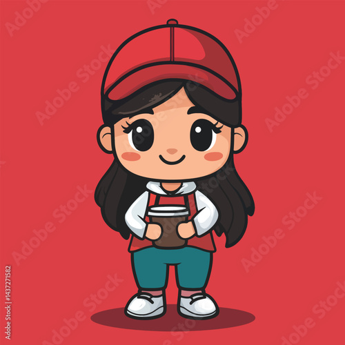 Barista girl mascot cute cartoon no details solid background bright