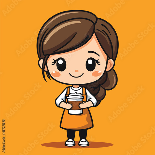 Barista girl mascot cute cartoon no details solid background bright