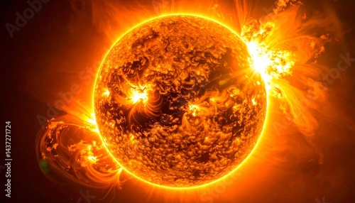 Sun in space. Solar storm. Planet sun.  Flaring sun.