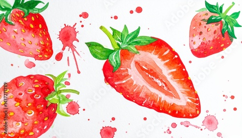 Watercolor strawberry. Summer background with strawberry. Watercolor texture. Strawberry texture.