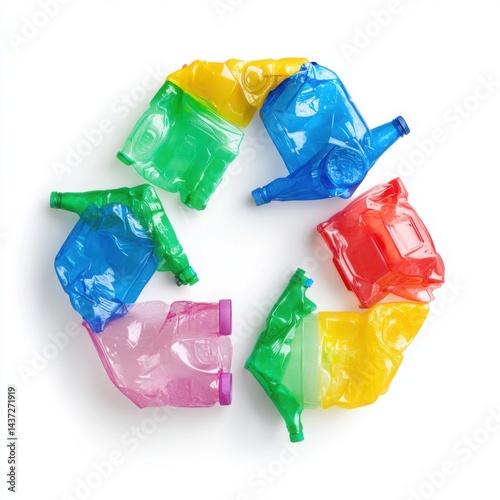 Recycling symbol composed of various types of plastics, illustrating waste management, with a background of colorful plastic bottles
