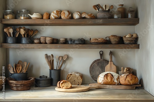 Freshly Baked Bread Made from Organic Grains Displayed on a Wooden Table photo