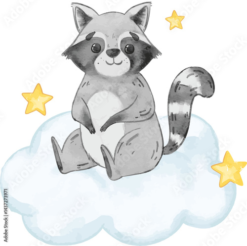 Cute baby raccoon on white cloud with stars decoration. Watercolor element suited for baby room, nursery, and baby shower project.
