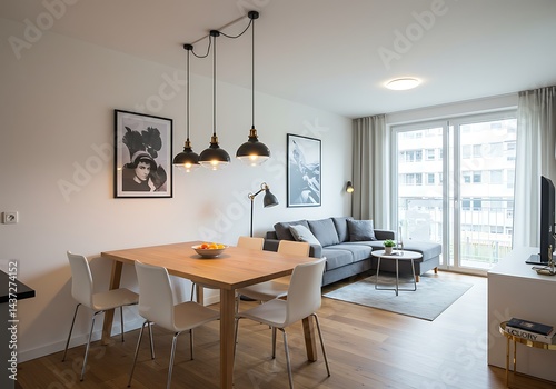 Interior view of a modern apartment with dining area and living room in a bright and airy space