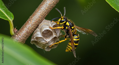 A paper wasp constructs its nest on a tree branch, showcasing intricate paper-like cells.	 photo