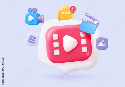 3D media data with video and photo management. Searching image and video files in gallery library. Document management soft database, document form. 3d multimedia file icon vector render illustration