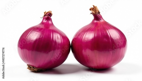 Two red onions, close-up, contrasting texture, pure white backdrop, natural, high resolution, round
