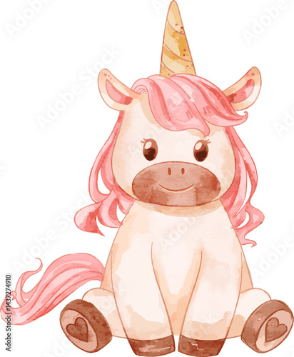 Cute Baby Unicorn. Watercolor pony with golden horn, suited for baby shower project, sticker, and decoration.