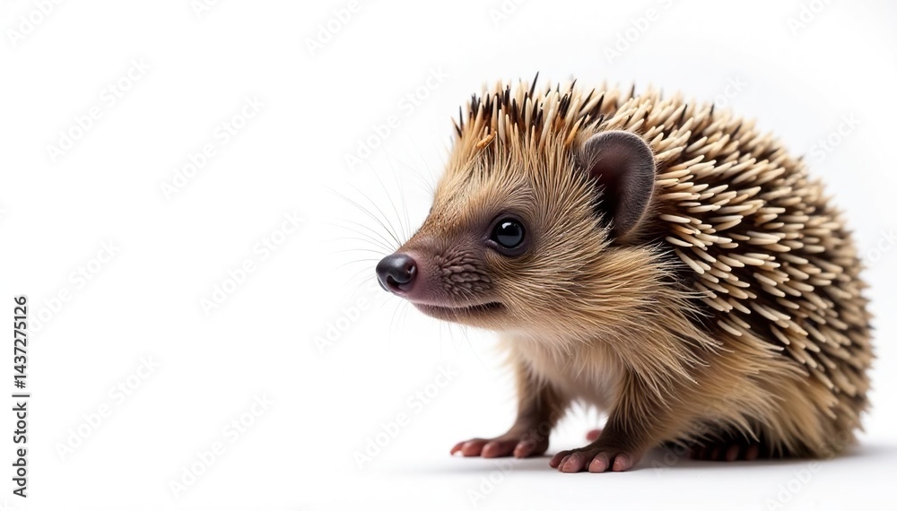 Fototapeta premium Single brown hedgehog on bright white, showing detail of quills , background, design, woodland
