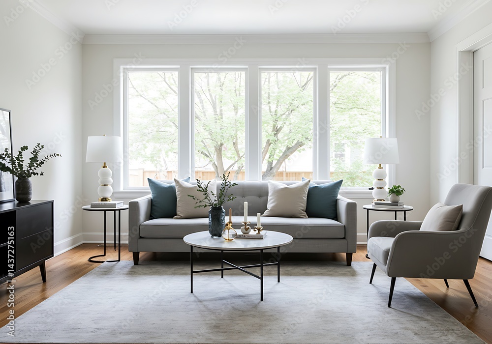 Fototapeta premium A living room with a gray sofa, a chair, a coffee table, and a large window with natural light