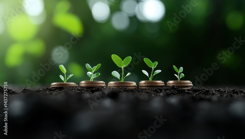 green sprouts growing in layers, from small to big, against a background of nature, on soil or ground. Green trees and plants grow behind, symbolizing financial growth through business intensity and p