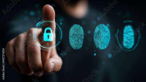 Secure digital future finger scan unlocks padlock vibrant teal futuristic technology biometric