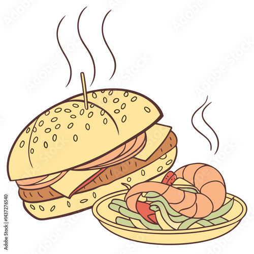 Cheese Shrimp Sesame Flatbread Sandwich with Fried Dough Stick and Pickled Veggies Isolated on Transparent Background. Perfect for: Lunar New Year, Taiwanese food festivals, Night markets
