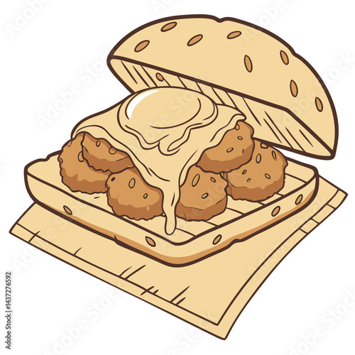 Crispy Chicken Bites on Crunchy Flatbread with Creamy Cheese Sauce Isolated on Transparent Background. Perfect for: Food truck festivals, Picnic days, Summer fairs
