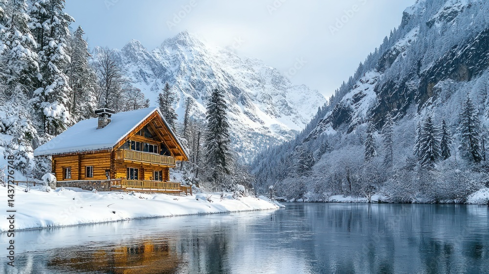 Fototapeta premium Snowy chalet by a frozen lake, mountain backdrop