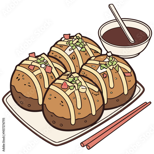 Deep-Fried Takoyaki with Seaweed, Bonito Flakes, and Mayo Topping Isolated on Transparent Background. Perfect for: Japanese festivals, Summer matsuri, Food fairs