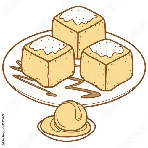 Fried Milk Cubes with Pudding Center and Sugar Dusting Isolated on Transparent Background. Perfect for: Dessert festivals, Sweet food fairs, Kids' birthday parties