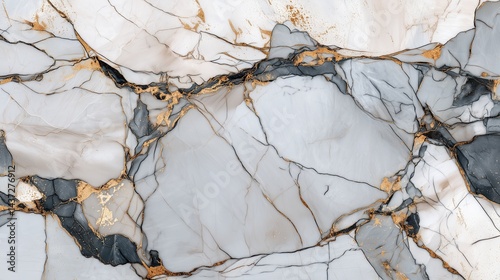 Elegant white marble texture with soft gray and black veining accented by subtle golden details creating a refined and luxurious abstract design