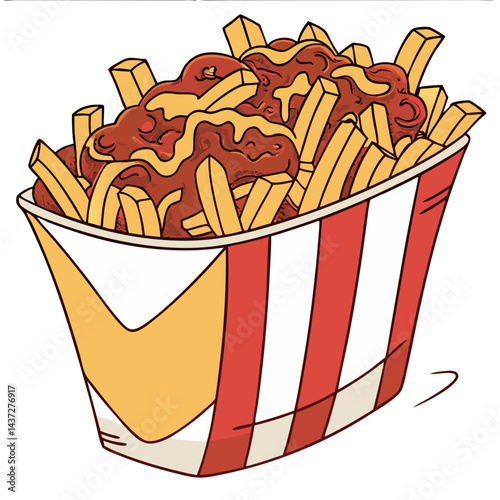 Giant Bucket of Meat-Sauce Cheesy Fries with Overflowing Cheese Isolated on Transparent Background. Perfect for: Game nights, Movie nights, Food truck fairs