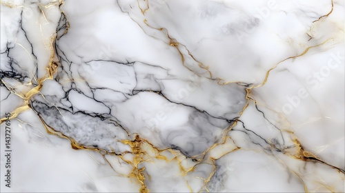 Elegant white marble texture with soft gray and black veining accented by subtle golden details creating a refined and luxurious abstract design