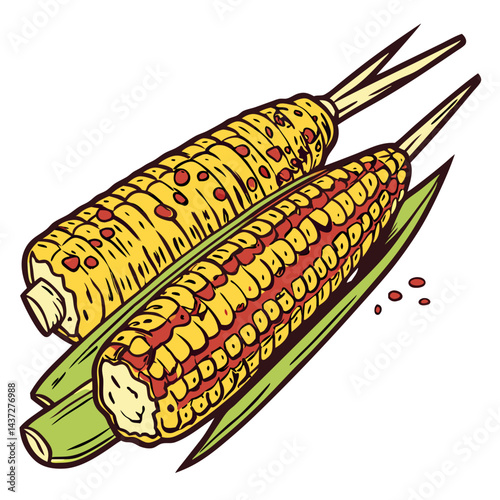 Grilled Corn with Thick Soy Paste Glaze and Chili Powder Isolated on Transparent Background. Perfect for: Harvest festivals, Fall BBQs, Farmers' markets