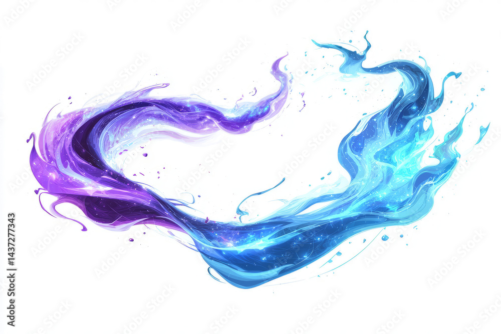 Fototapeta premium Swirling energy soft ethereal beams in shades of blue and purple isolated on white background.