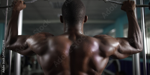 Powerful muscular back of a man during intense gym workout glistening with sweat dark tones