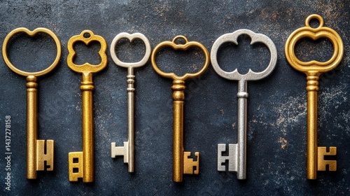 Six antique keys gleam against a distressed surface a story of secrets