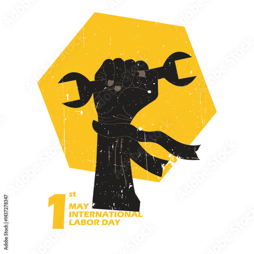 Creative vector design for May Day featuring silhouettes of workers holding tools, fists raised for unity and strength, celebrating the global labor movement."