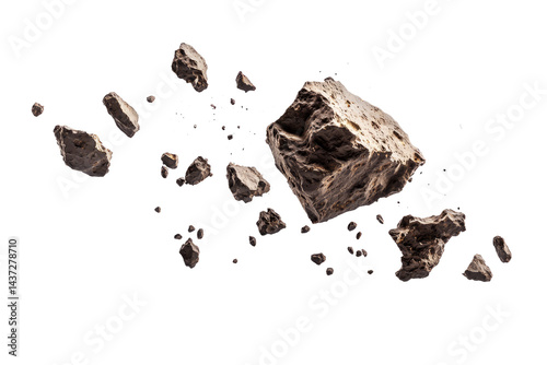 A group of asteroids breaking apart as they fly, with pieces crumbling off.