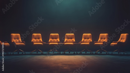Empty auditorium seating arrangement with warm lighting. photo