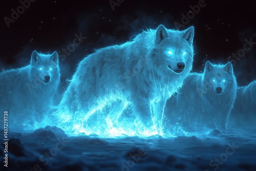 Arctic wolves glowing, snowy landscape, mystical pack