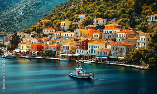 Vibrant coastal village with colorful houses, a fishing boat on calm waters, and lush hills