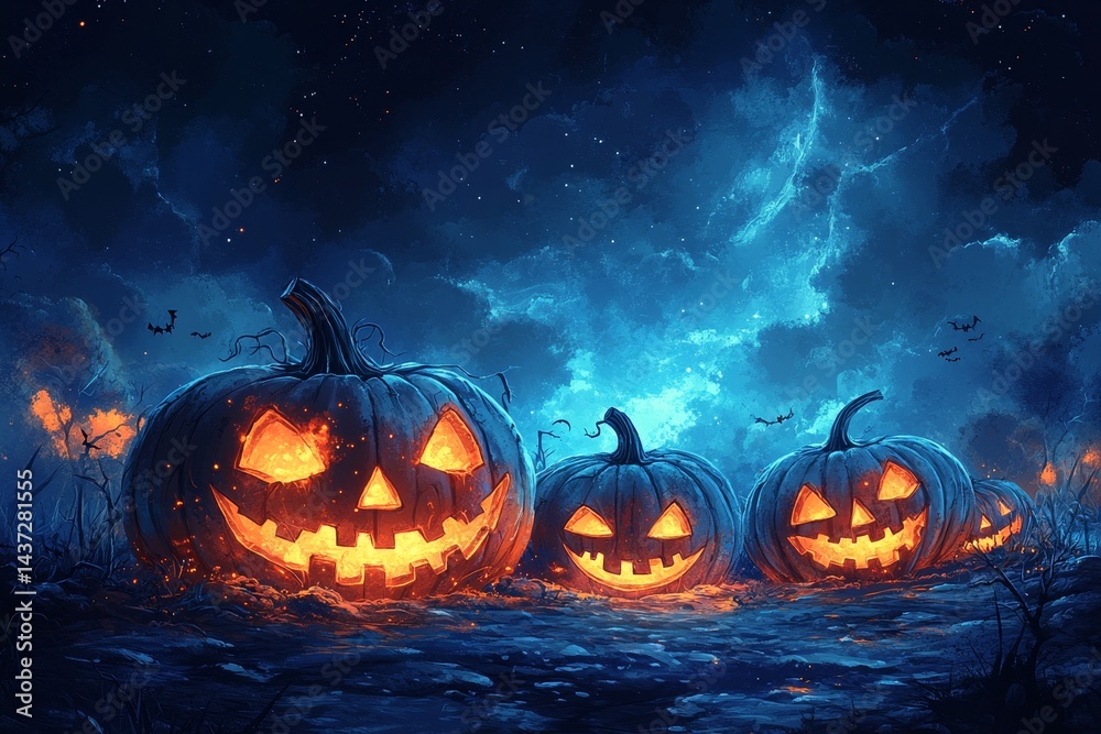Fototapeta premium Jack-o'-lanterns glow on stormy Halloween night