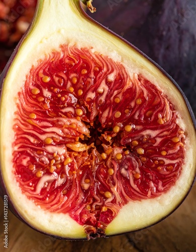Close-up of a ripe fig cut open
