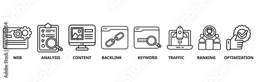 SEO icon set illustration contain WEB, analysis, content, backlink, keyword, traffic, ranking and optimization.