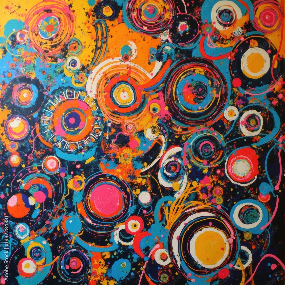Naklejka premium Abstract composition with bold, vibrant shapes and dynamic lines in a kaleidoscope of colors, creating energetic movement and visual excitement.