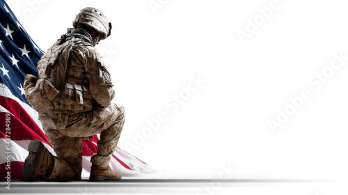 a soldier kneeling with an American flag on a white background,