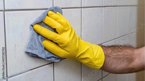 A gloved hand wipes down wall tiles with a cloth, leaving the surface sparkling clean.

